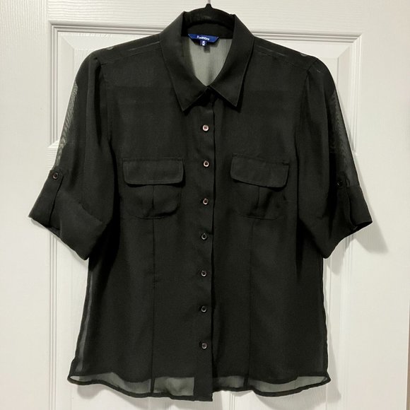 ⭐️2/$30⭐️ Short-sleeve, sheer black button down blouse/shirt, size medium - Picture 1 of 7